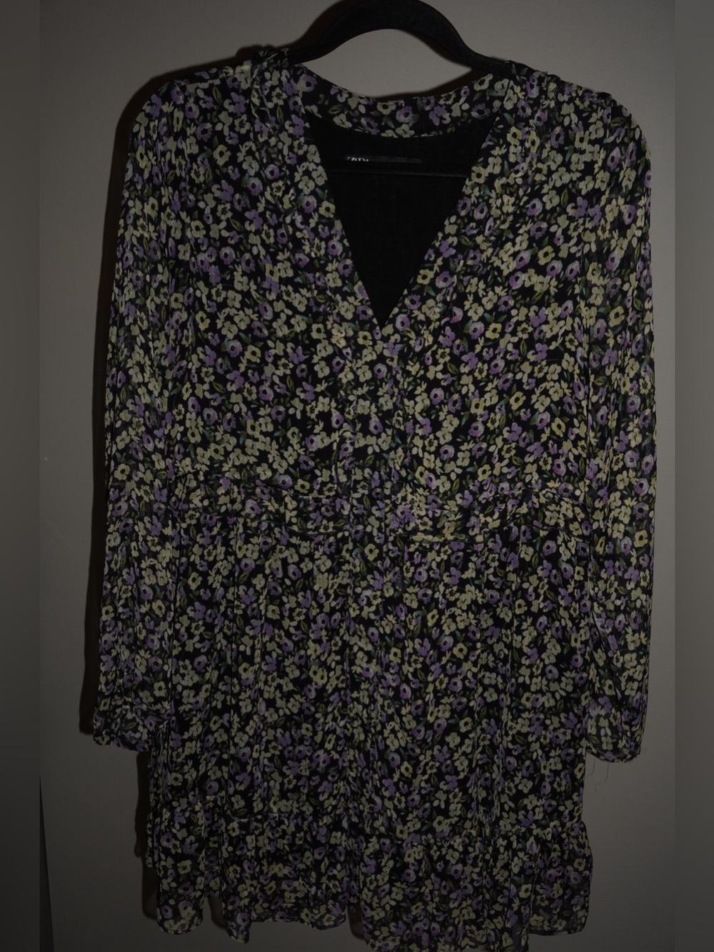 Zara Black Floral V-Neck dress with Purple & Cream Flowers